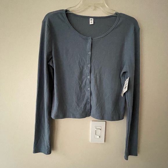 BP Crop Top Rib Knit Crewneck Long Sleeve Button Up  Front Color Blue Sz XL NWT - Picture 1 of 8